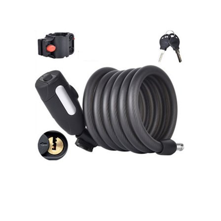 Cykellås med 2 nøgler, sort 180 cm/12 mm spiralskædelås cykellåsekabel, meget høj sikkerhed cykellås til cykel, trehjulet cykel, scooter, motorcykler,