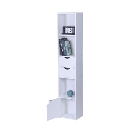 Smal fritstående reol med skuffer og skab