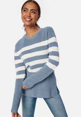 Happy Holly - Striped O-neck Knitted Sweater - Blue/Striped