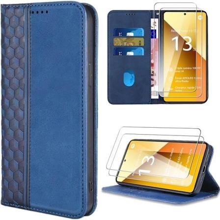 Etui + 2 hærdede briller til Xiaomi Redmi Note 13 5G (ikke til 4G), anti-ridse marineblå lædereffekt