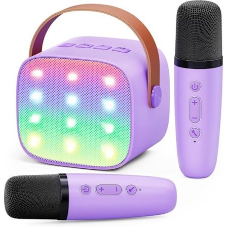 Karaoke maskine, mini karaoke maskine, med 2 mikrofoner, LED-lys og Bluetooth-højttaler med lydforvrængningsfunktion; lilla.