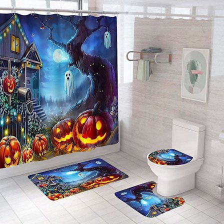 Halloween Pumpa Duschdraperiuppsättningar, Generisk 71 Tum X 71 Tum Halloween Badrumsdekor Set - Duschdraperi Med Matta, Toalettlock, Badmatta -