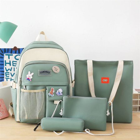 Fyrdelad student skolväska grundskola student skolväska kvinnlig högskola gymnasium stor kapacitet flicka liten fräsch canvas ryggsäck-grön