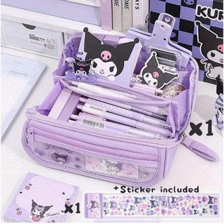 7-delt skrivesett 9-lags blyantveske med stor kapasitet - søtt design, oppbevaringsveske for skrivesaker i kanvas for studenter