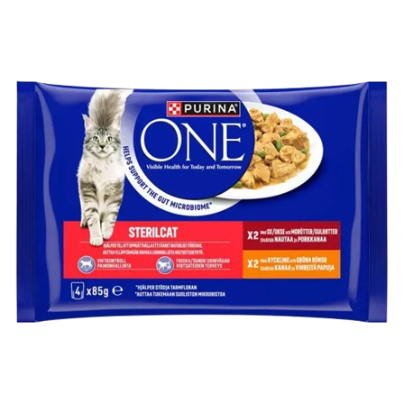 Purina ONE - Sterilcat med oksekjøtt og gulrøtter & Minifileter i kylling- og grønnbønnesaus 4-pakning x 85g - Katt - Kattefôr & kattemat - Våtfôr og 