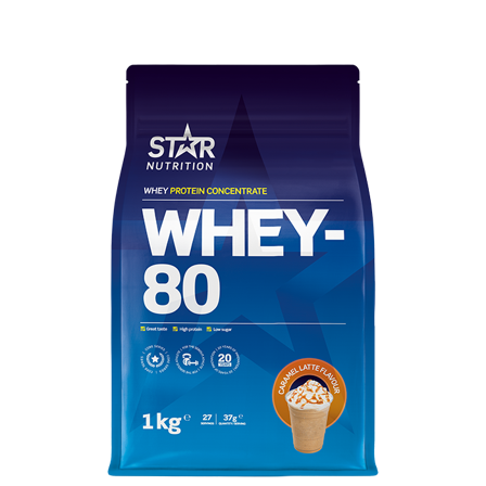 Star Nutrition Whey-80 Valleprotein 1 kg, Caramel Latte - Bodyman.dk