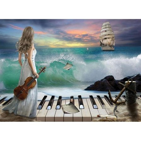 30x40CM Håndlavet 5D Kunstnerisk Diamantmaleri - Violin Kvinde ved Havet, Egnet til Voksne og Børn, Komplet Diamantbroderi Håndværk