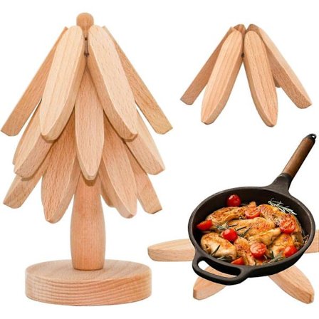 Brikkesett i tre med tre-design, 3-pakning, varmebestandig for gryter og tekanner