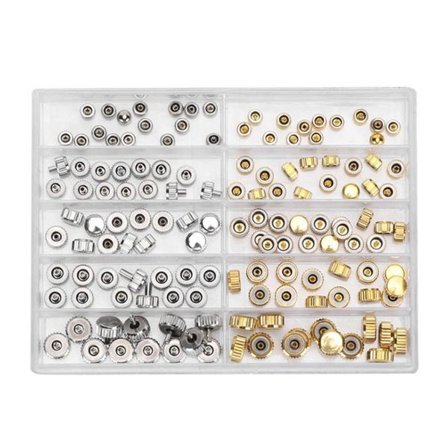 Sortimentskasse med 130 klokkekroner i forskellige størrelser og farver