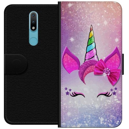 Kompatibelt Plånboksfodral till Nokia Nokia 2.4 Minimalistiskt enhörningsansikte med regnbågshorn, rosa bakgrund, glitterdetaljer och stilren desig