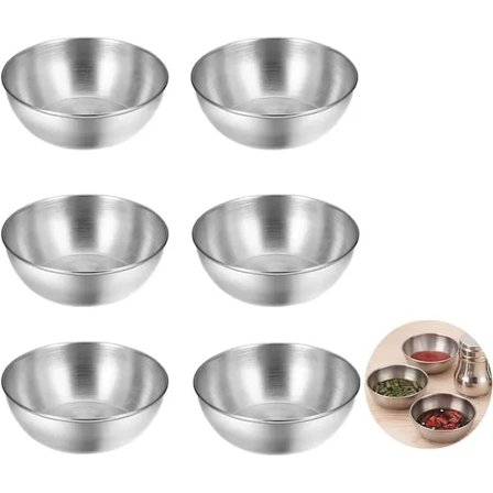 6 kpl ruostumattomasta teräksestä valmistettuja kastikekulhoja, maustekulhoja, dippikulhoja, tarjoilukulhoja, sushi-soijakastikekulhoja, hopea