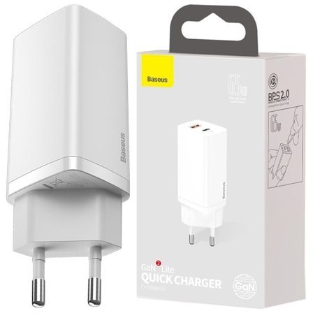 Baseus GaN2 Lite hurtiglader 65 W USB / USB Type C Quick Charge 3.0 Strømforsyning (galliumnitrid) hvit (CCGAN2L-B02)