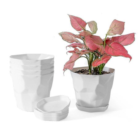 5 st små blomkrukor i plast med dräneringshål och fat för växter