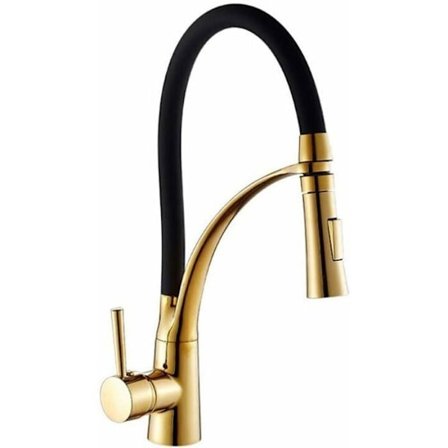 Gull og svart uttrekkbart kjøkkenarmatur med uttrekkbar spray, ettgreps blandebatteri, 360° svingbart, i