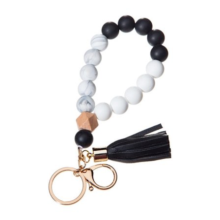 Silikon nyckelring armband handledsrem nyckelring Unik pärlad armband nyckelkedjor med läder tofs Anti-förlorad nyckelring (svart)