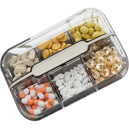 Reisepilleboks - Pillebeholder med 6 rom - Bærbar pilleboks for reise