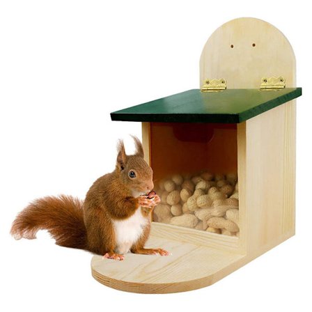 Rød ekornmater - med metalltak, naturlig tre med ekstra lang matingsplattform - Hengende matestasjon, ekornmatere I Ekornmatere