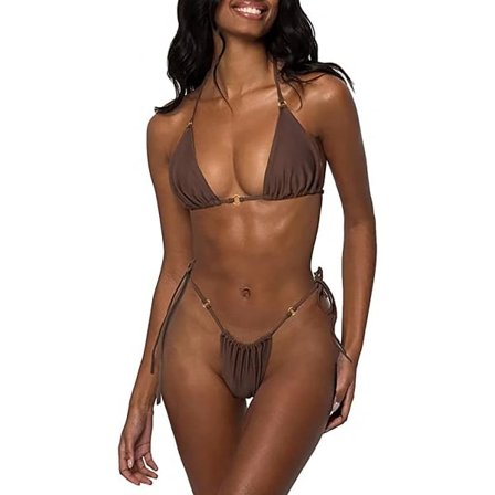 CDQ Sexy halter string bikini sæt i én farve Brun MCDQ