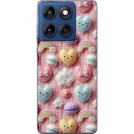 Yhteensopiva Puhelinkuori Motorola Edge 60 Pastellimotiiivi sydämillä, pilvillä, sateenkaarilla ja makaronseilla vaaleanpunaisella taustalla suloisess