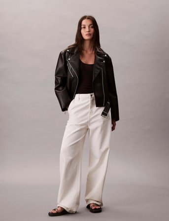 Calvin Klein Jeans Faux Leather Moto Jacket W/Belt - Black - XXS