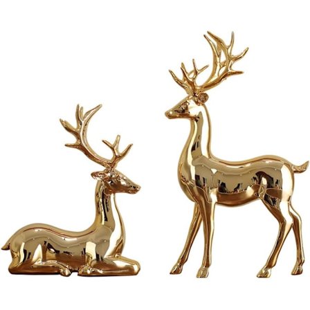 2-delt rensdyrstatuesæt, rensdyrfigur, harpiksskulptur, stueindretning, nordisk stil skrivebordsdekoration (guld, 2 stk.)