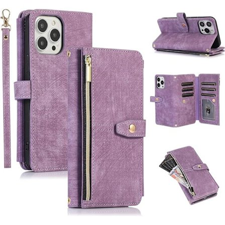 Kortholder Crossbody Telefondeksel for iPhone 14 Pro 6.1 Tommers Lilla Multi-Slot Vintage Skinnveske med Støtsikker Flip Håndleddsrem Kortholder 