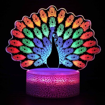 3D Natlampe Påfugl Illusion Lampe Kreativ Gave Visuel La