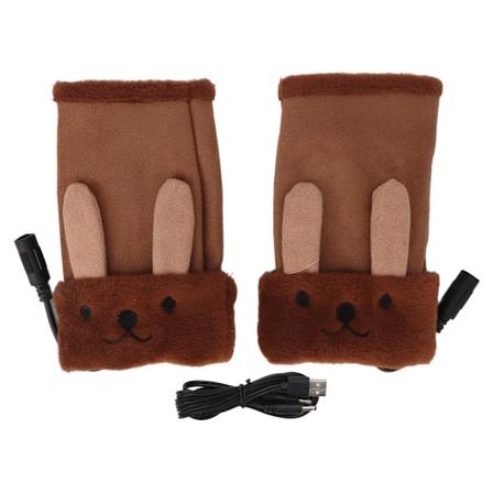 USB-oppvarmede hansker Fleece søte tegneserieformdyr Fingerless oppvarmingshansker Varmer for kontorarbeid Brun