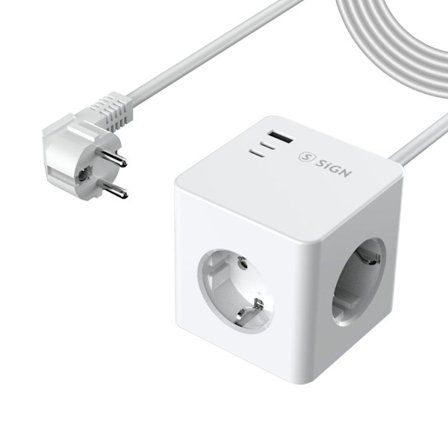 SiGN PowerCombo Cube -seinälaturi 3680w, 2x USB-C, 1x USB-A, 3x AC, 16A - 20W, valkoinen
