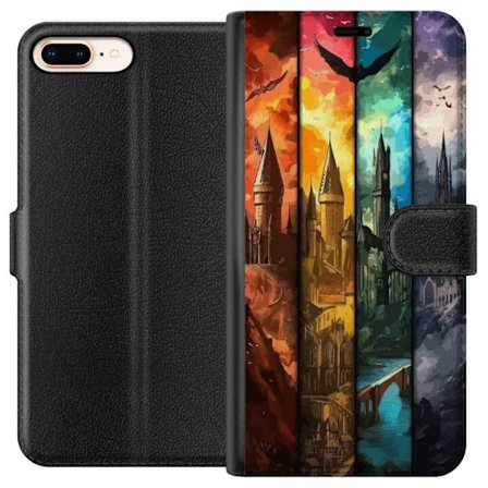 Kompatibel Tegnebogsetui til Apple Apple iPhone 7 Plus Fire magiske slotte i forskellige elementfarver, episk fantasykunst med ild vand luft og mørke