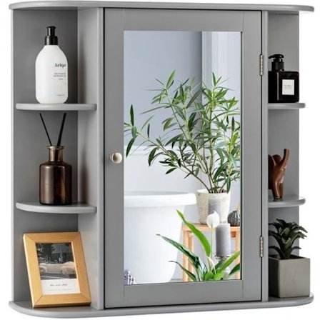 COSTWAY Kylpyhuoneen seinäkaappi peilillä WC-säilytys ovella ja 6 hyllyllä 65 x 16,5 x 63 CM harmaa