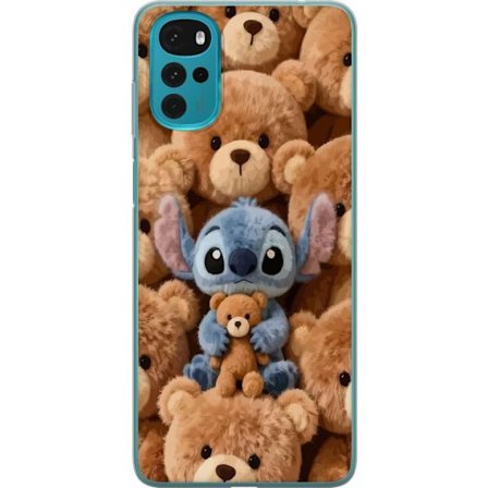 Kompatibel Mobilcover til Motorola Moto G22 Stitch omgivet af brune teddybjørne med en lille teddybjørn i armene i en sød og hyggelig kawaii-design