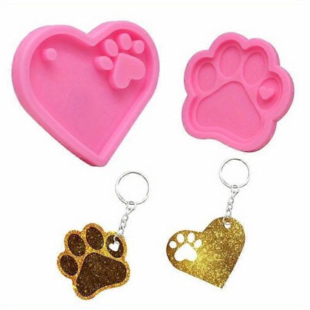 2 stk. Store Hundepoteaftryk Hjerteformede Silikone Resinforme med 10 stk. Nøgleringe - Perfekt til DIY Hundetegn Fremstilling, Epoxy Resin Håndværk 