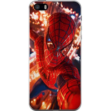 Kompatibelt Mobildeksel til Apple Apple iPhone SE (2016) Spider Man i intensiv handling med gnistrende lys og dynamisk perspektiv i filmisk superhelts