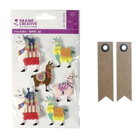 6 st 3D Lama-klistermärken 6 cm + 20 st Kraftvimpeletiketter