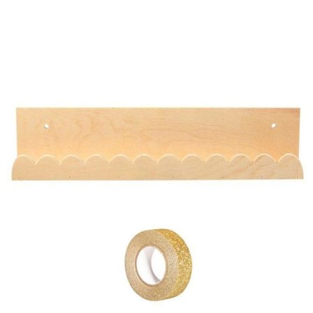 Vägghylla i trä 42 x 9 cm Feston + guld glitter maskeringstejp 5 m