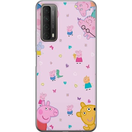 Kompatibelt Mobildeksel til Huawei P smart 2021 Peppa Gris med en baby i armene, mamma gris motiv i fargerik og myk barneillustrasjon med hjerter