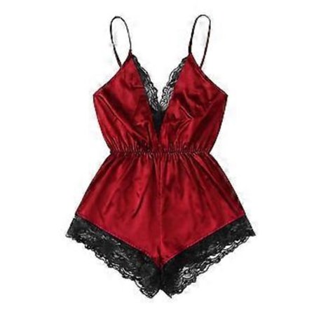 Kvinnlig sexig pyjamas V-ringad sling ärmlös body faux satin spets sömnad romper nattkläder breda ben rygglös nattkläder (S röd)
