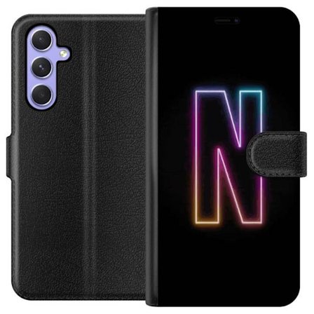 Kompatibel Tegnebogsetui til Samsung Samsung Galaxy A54 Minimalistisk neonbogstav N i farveskiftende lys mod sort baggrund