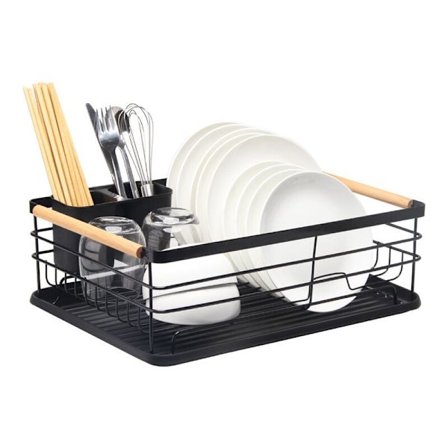 Opvaskestativ med drypbakke Rustfrit opvaskestativ med redskabsholder - Sort 1 niveau KLB