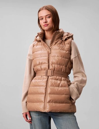 Calvin Klein Belted Lightweight Puffer Vest - Beige - XS