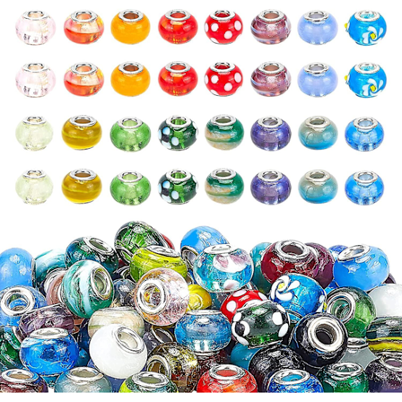 100 st Lampwork Glaspärlor Europeiska Pärlor Blandade Färger Handgjorda Stora Hål Rondelle Pärlor med Mässing Dubbla Kärnor Lösa Glidpärlor för DIY 