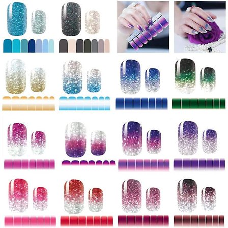 14 Ark Nagelklistermärken Glitter Färggradient Glans Hela Wraps Polish Klistermärken Dekalremsor Självhäftande Nagelkonst Set för Kvinnor Flickor