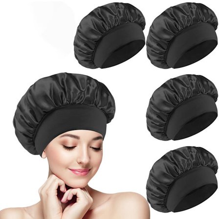 Satin Hårhætte 4-pak til kvinder - Dobbelt lag sove- og brusehætte, justerbar elastisk hætte til krøllet/naturligt hår, genanvendelig