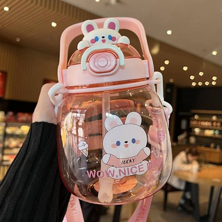1,3L Bärbar Kawaii Bear Cup tumlare med sugrör rosa