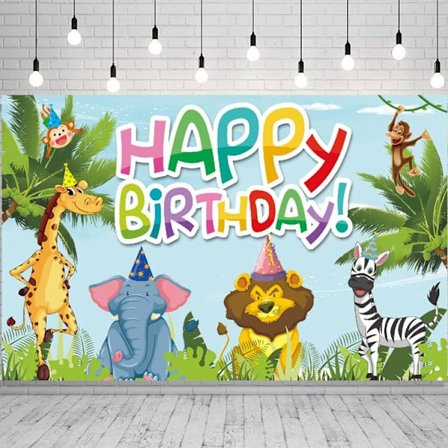 Cartoon Jungle Animal Birthday Banner Happy Birthday Theme Party Decorations Backdrop for Birthday Party Background Party Decoration Supplies