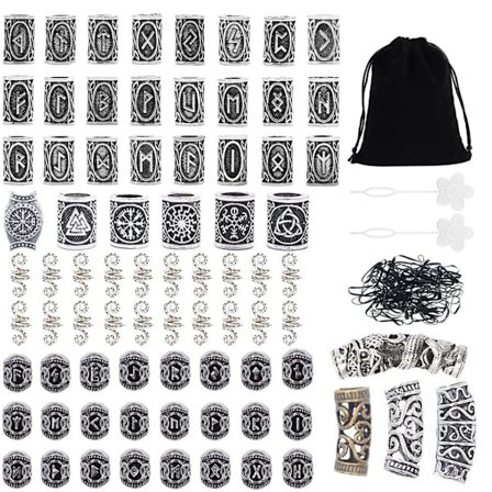 Kryc 80 Runeperler Sett med 300 Gummibånd, Viking Skjeggperler, Antik DIY Hår- og Skjeggperler, Nordisk Hår Smykker, Flettet Armbånd, Hengesmykke