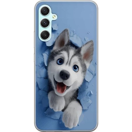 Samsung Galaxy A34 Gennemsigtig cover Sød og realistisk hvalpehusky der bryder igennem væggen i et charmerende dyremotiv, perfekt til børn og hunde