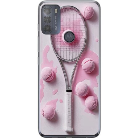 Kompatibel Mobilcover til Motorola Motorola Moto G50 Rosa glaskugler og tennisketsjer i et kreativt stillbillede med legende popfølelse og moderne de