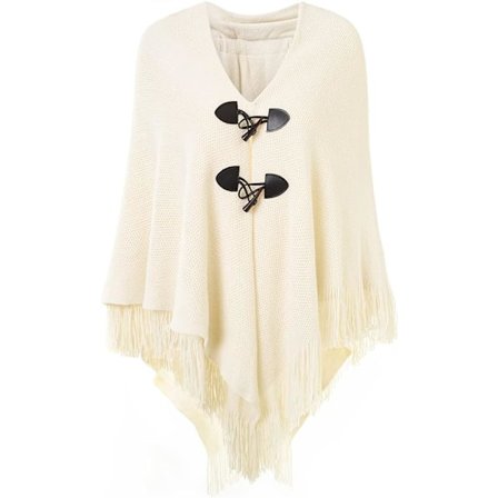 Elegant varm dam poncho (beige) öppen fram med fransar
